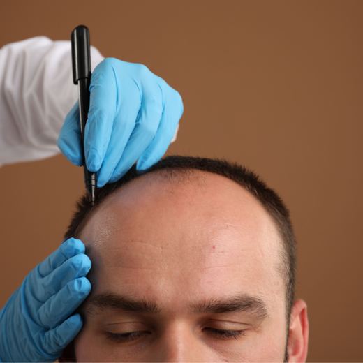 Doctor marking a patient's hairline for a transplant