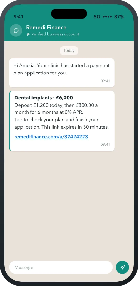 WhatsApp message from Remedi with a secure link to your application