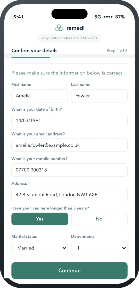 Confirm your details step of the Remedi application
