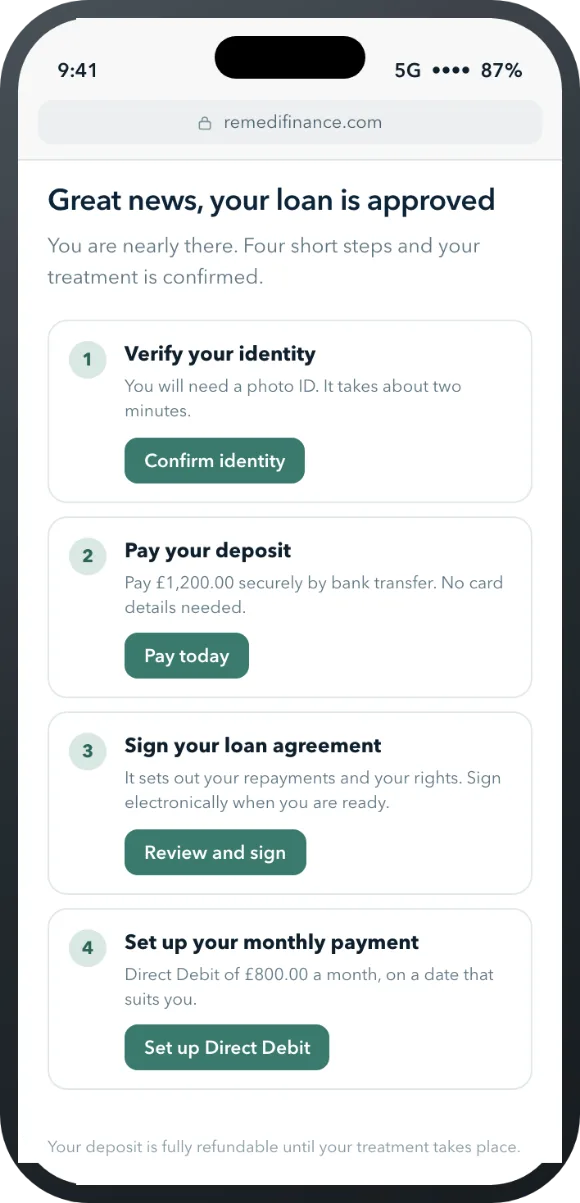 Approval screen listing the steps to confirm your treatment