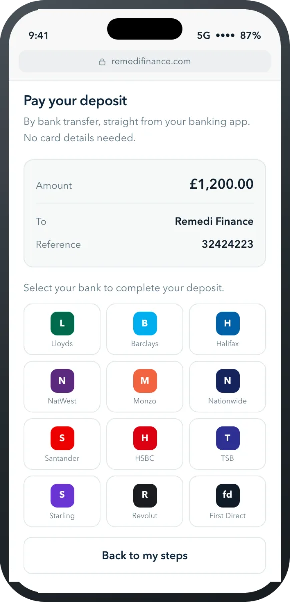 Deposit payment by bank transfer