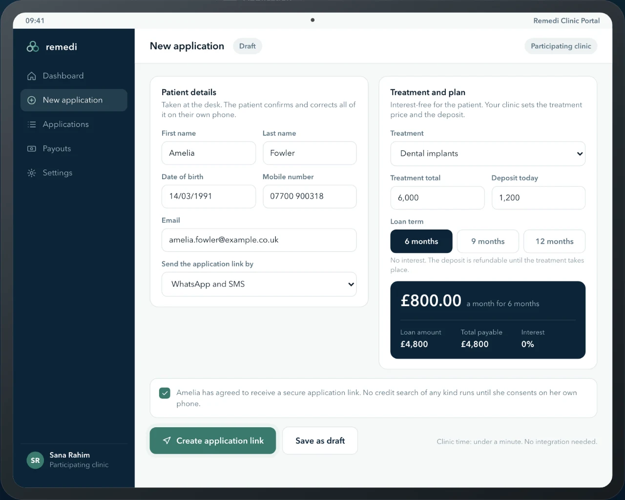 The clinic starts a new application in the Remedi portal