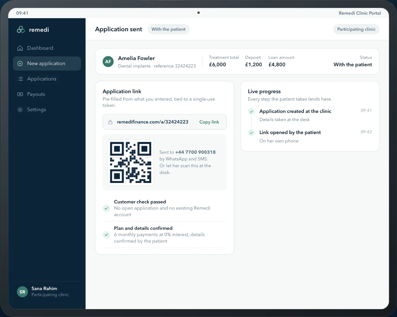 The portal shows that the application is with the patient
