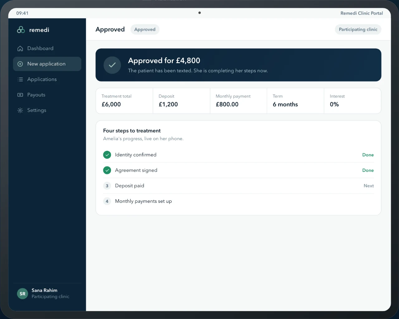The Remedi clinic portal showing an approved application and the patient's remaining steps